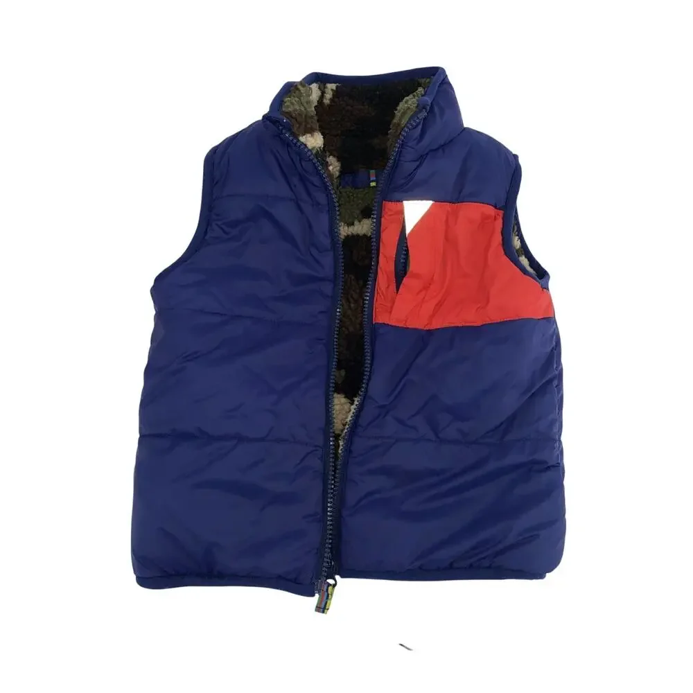 Mini Boden Reversible Camo Sherpa /blue Full Zip Vest Boys 3-4Y